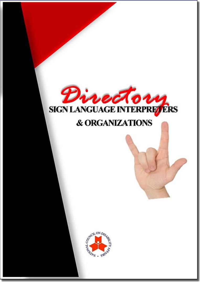 Cover page of Directory Sign Language Interpreters and Organizations Book with I-love-you hand sign
