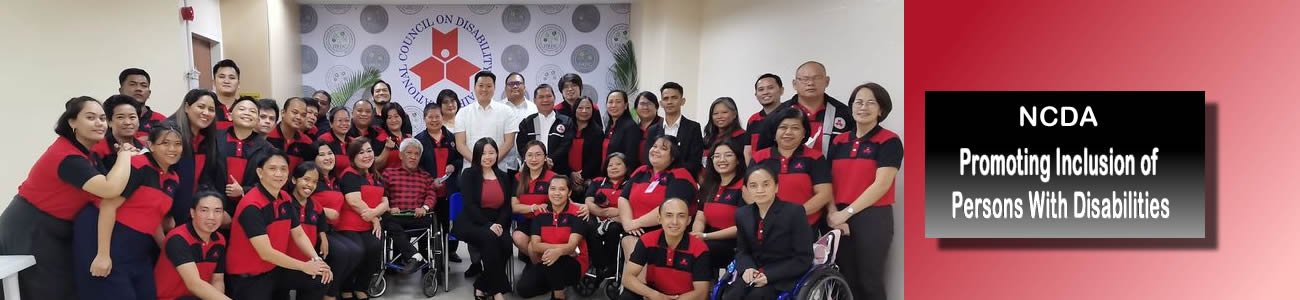 NCDA Employees and officers pose together with DSWD Secretary Gatchalian and NCDA Director Fradejas with Promoting Inclusion of Persons With Disabilities on the side