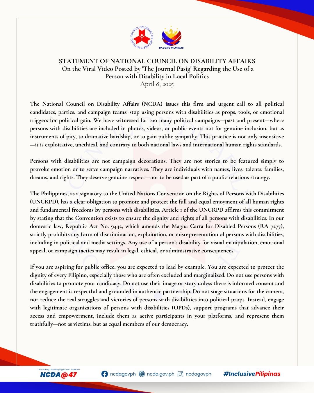 𝗦𝗧𝗔𝗧𝗘𝗠𝗘𝗡𝗧 𝗢𝗙 𝗡𝗔𝗧𝗜𝗢𝗡𝗔𝗟 𝗖𝗢𝗨𝗡𝗖𝗜𝗟 𝗢𝗡 𝗗𝗜𝗦𝗔𝗕𝗜𝗟𝗜𝗧𝗬 𝗔𝗙𝗙𝗔𝗜𝗥𝗦 | 𝗢𝗻 𝘁𝗵𝗲 𝗩𝗶𝗿𝗮𝗹 𝗩𝗶𝗱𝗲𝗼 𝗣𝗼𝘀𝘁𝗲𝗱 𝗯𝘆 ‘𝗧𝗵𝗲 𝗝𝗼𝘂𝗿𝗻𝗮𝗹 𝗣𝗮𝘀𝗶𝗴’ 𝗥𝗲𝗴𝗮𝗿𝗱𝗶𝗻𝗴 𝘁𝗵𝗲 𝗨𝘀𝗲 𝗼𝗳 𝗮 𝗣𝗲𝗿𝘀𝗼𝗻 𝘄𝗶𝘁𝗵 𝗗𝗶𝘀𝗮𝗯𝗶𝗹𝗶𝘁𝘆 𝗶𝗻 𝗟𝗼𝗰𝗮𝗹 𝗣𝗼𝗹𝗶𝘁𝗶𝗰𝘀
